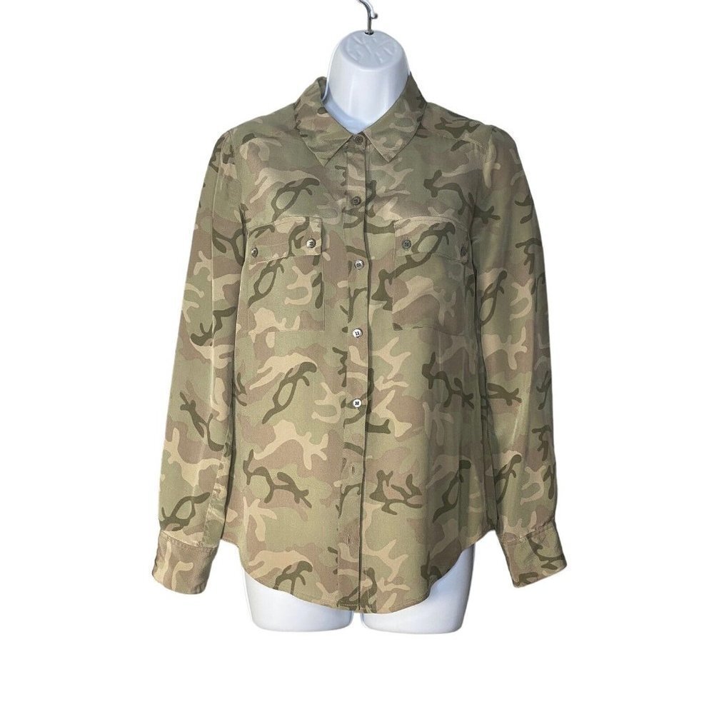 Equipment Femme Womens Button Up Camo Camouflage Long Sleeve 100% Silk  SZ XS‎